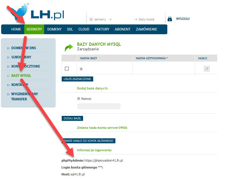 Ścieżka do panelu zarządzania bazami danych w hostingu firmy LH.pl