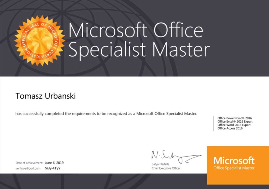 Tomasz Urbański, Microsoft Office Specialist Master