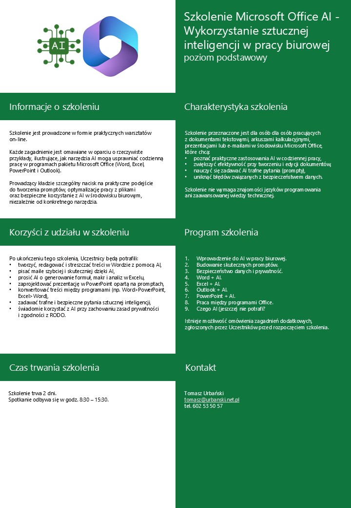 Szkolenie online Microsoft Office AI - Wykorzystanie sztucznej inteligencji w pracy biurowej (poziom podstawowy)