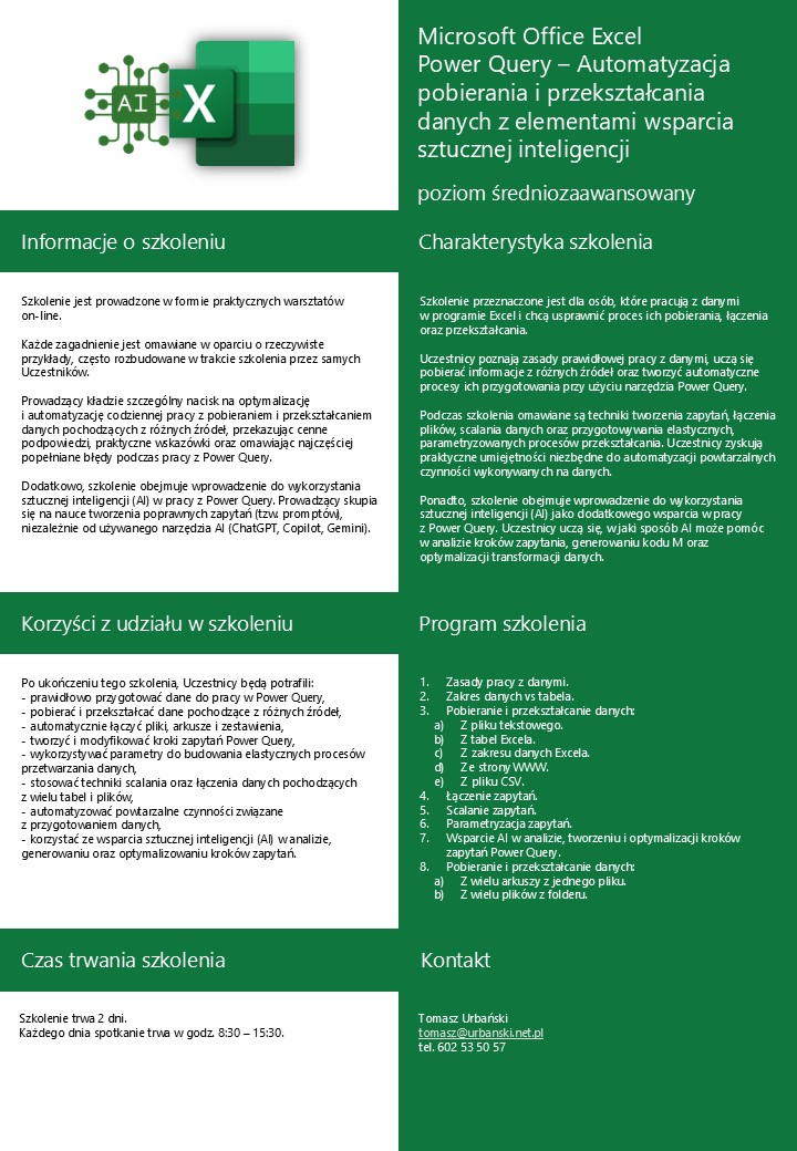 Szkolenie grupowe online Microsoft Office Excel Power Query AI - Automatyzacja pobierania i przekształcania danych z elementami wsparcia sztucznej inteligencji (poziom średniozaawansowany)