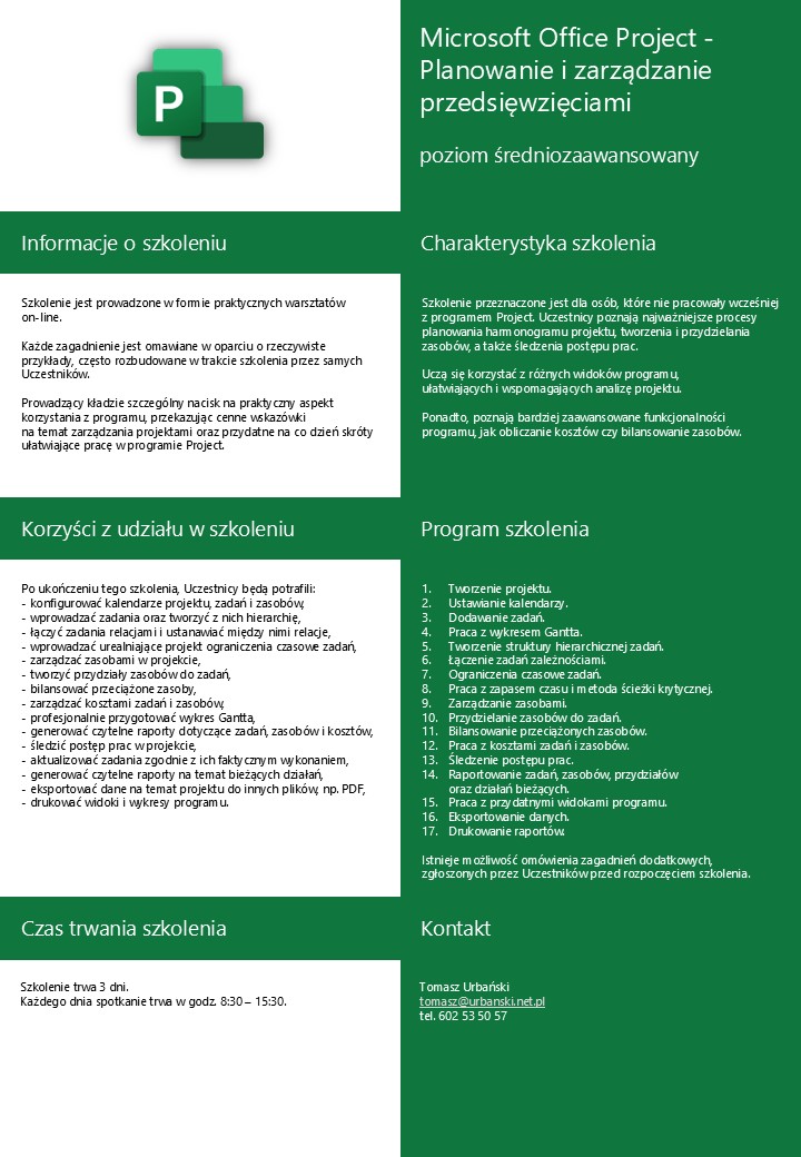 Szkolenie grupowe online Microsoft Project - Planowanie i zarządzanie przedsięwzięciami (poziom średniozaawansowany, 3 dni)